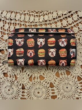 Like New Designer Black Wallet with Bulldog & Burger Print